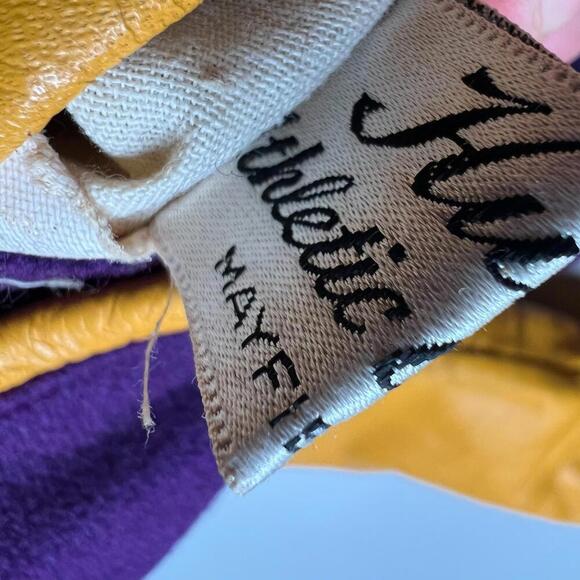 Vintage 80s Hunts Athletic Goods Varsity Letterman Jacket Purple Gold Wool Leath - Picture 2 of 12